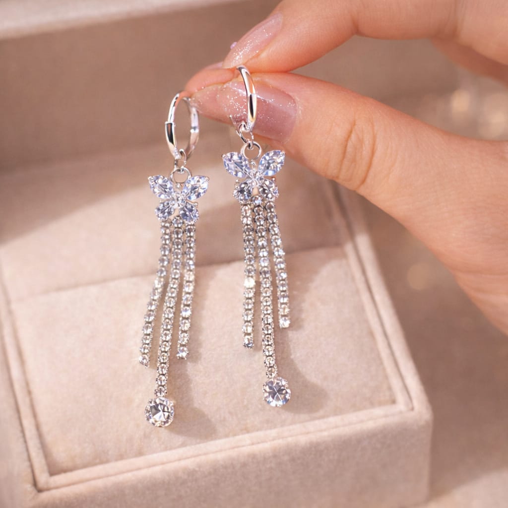 Butterfly Crystal Tassel Earrings for Women