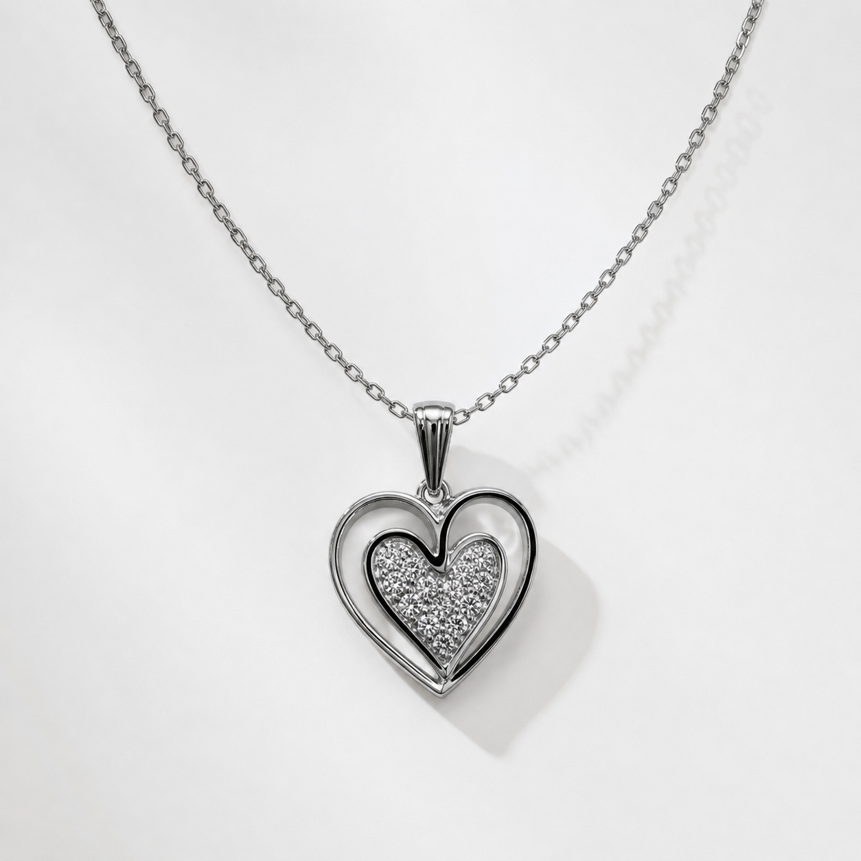 ZARVELION Double Heart Crystal Pendant Necklace – Elegant Silver Luxury Design