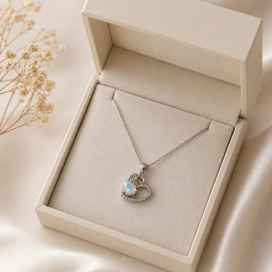 ZARVELION Opal Heart Pendant Necklace – Elegant Silver Luxury Charm